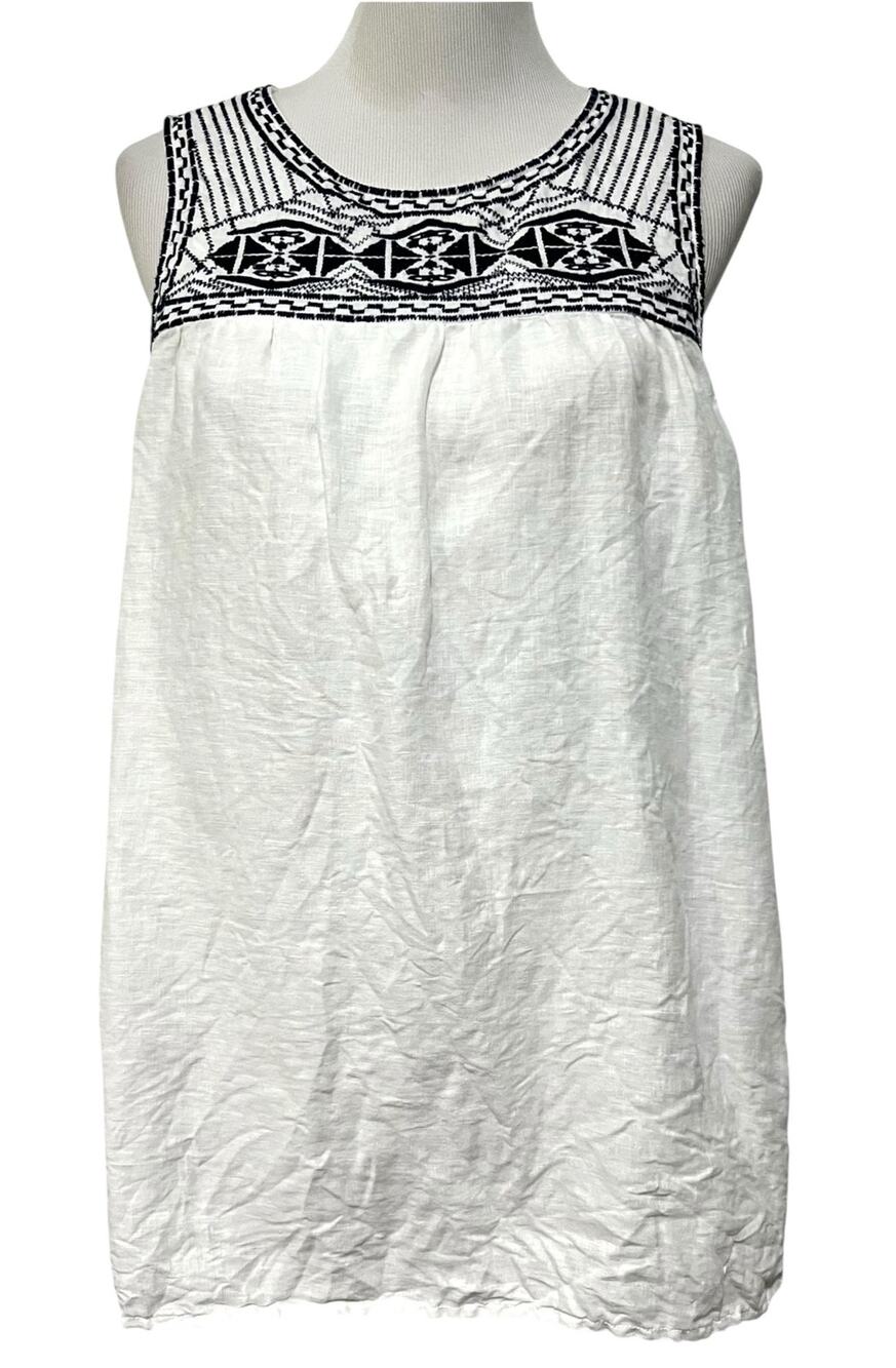 Artisan NY 100% Linen Tunic Sleeveless Top White & Black Embroidered Womens Sz L